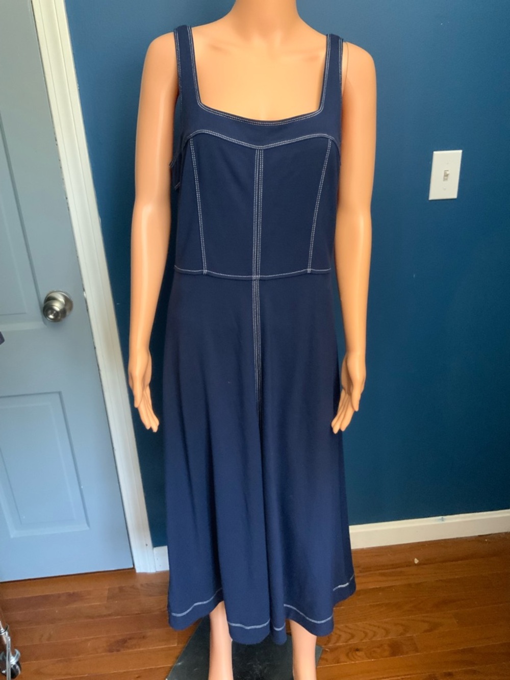 LOFT Navy Blue Sleeveless Midi Dress with Contrast Stitching
